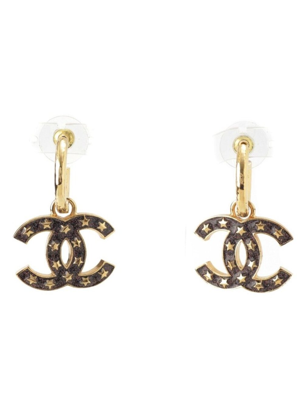 Chanel CC Logo Star Glitter Earrings Black